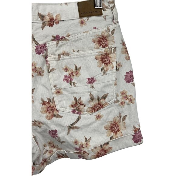 American Eagle Floral Mom Shorts White Pink 6 Cotton Denim Jeans Cuffed Hem EUC - Picture 7 of 10